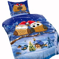 Fleece Bettwäsche Weihnachtsmotiv mit Eulen 135x200 cm Deckenbezug, 80x80 cm Kissenbezug