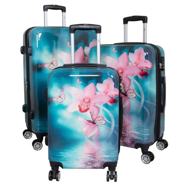 Orchideen Kofferset 3tlg mit exklusivem Designerprint - Polycarbonat Hartschalen-Kofferset