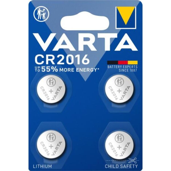 Varta Batterie Lithium, Knopfzelle, CR2016, 3V - 4er-Pack