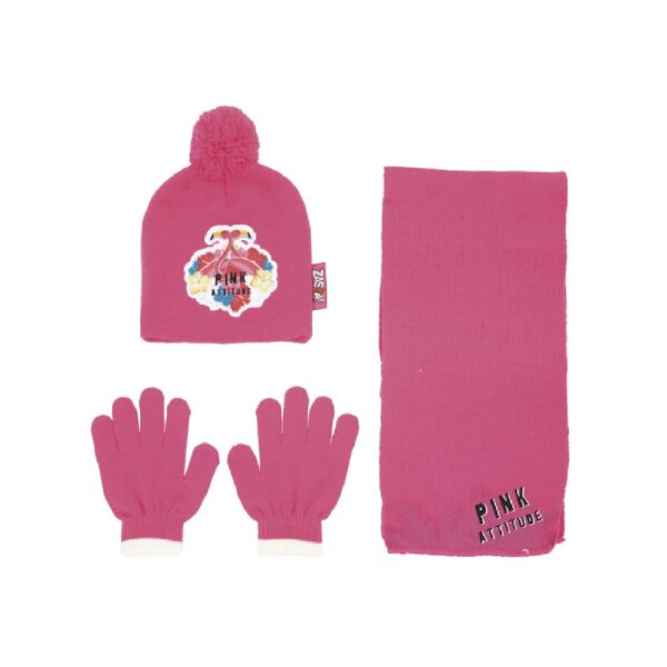 Mütze mit Pompon und passenden Handschuhen mit Schal in Pink für Mädchen