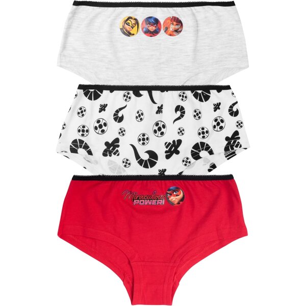 Miraculous Panty für Mädchen - Ladybug Kinder Unterhose Slip Unterwäsche Rot/Weiß/Grau (3er Pack)