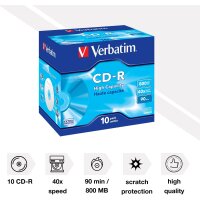 Verbatim CD Rohling CD-R 90Min/800MB/40x 10er Pack mit Jewelcase und Extra Schutzoberfläche