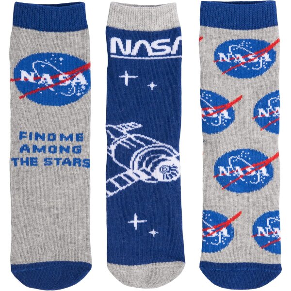 United Labels NASA Socken für Jungen Kinder Sneaker Kindersocken Blau/Grau (3er Pack)