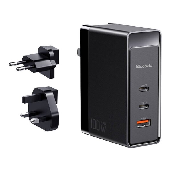 GaN Mcdodo CH-8101 Pro universelles UK/US/EU-Reiseladegerät/Adapter, 100 W, 2 x USB-C, USB-A (schwarz)