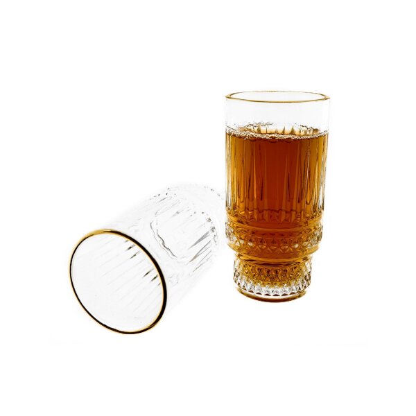 6 tlg. Set Trinkgläser 285 ml transparent mit Riffle-Design & Goldumrandung