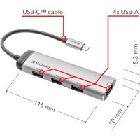 Verbatim USB-C Multiport-Hub – 4 USB 3.2-Anschlüsse für Notebooks und Smartphones