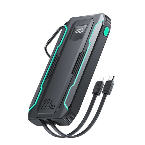 22,5 W 10000 mAh Powerbank - integrierte Kabel kompatibel mit iPhone und USB-C - inklusive eingebaute Taschenlampe