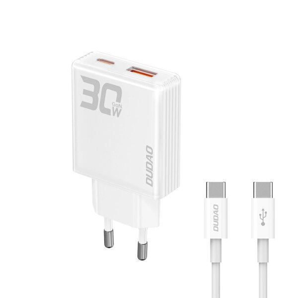 Ladegerät 30W GaN-Wandladegerät USB-A / USB-C + USB-C - USB-C-Kabel in Weiß