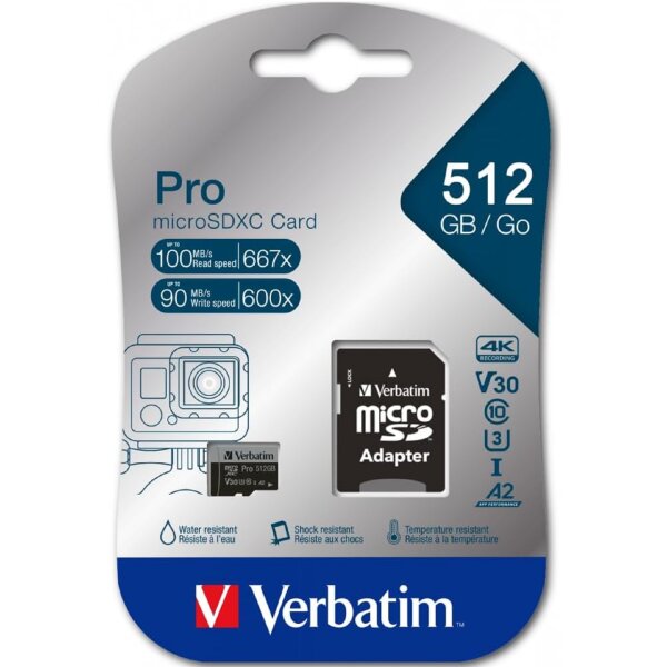 Verbatim microSDXC Pro Speicherkarte UHS-I U3, hohe Geschwindigkeit und Kapazität, inkl. Adapter