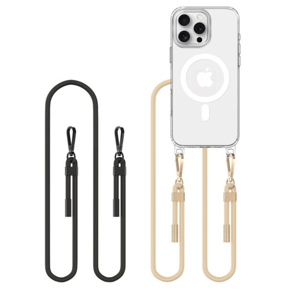 MagSafe Hülle für iPhone 16 Pro Max – transparent + 2 Lanyards (schwarz und beige)