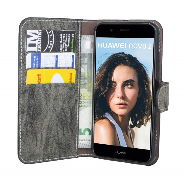 Elegante Buch-Tasche Hülle für das HUAWEI NOVA 2 in Anthrazit Leder Optik Wallet Book-Style Cover Schale @ cofi1453®