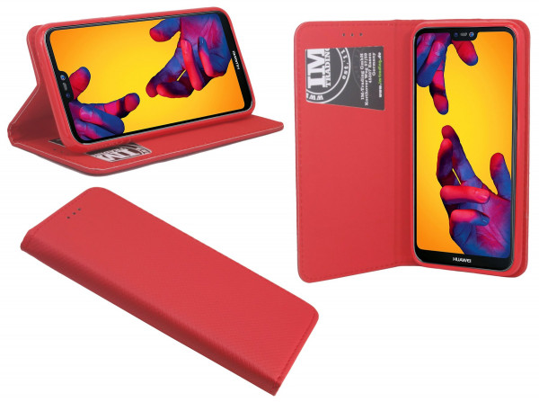 Elegante Buch-Tasche Hülle Smart Magnet für das HUAWEI P20 LITE Leder Optik Wallet Book-Style Cover in Rot Schale