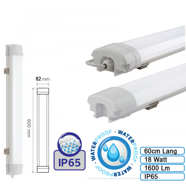 Feuchtraumleuchte Wannenleuchte Proline LED 18W Leuchte für Außen und Innen Wasserdicht IP65  Neutralweiß Slim