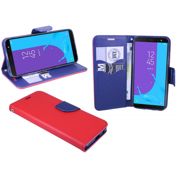 Elegante Buch-Tasche Hülle für Samsung Galaxy J6 2018 (J600F) Rot-Blau Leder Optik Wallet Book-Style Schale cofi1453®