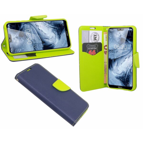 Elegante Buch-Tasche Hülle für das Nokia 5.1 PLUS 2018  in Blau Leder Optik Wallet Book-Style Cover Schale @cofi1453®