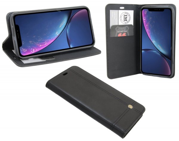 Elegante Buch-Tasche Hülle für iPhone XR Schwarz Leder Optik "Prestige" Wallet Book-Style Schale cofi1453®