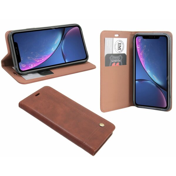 Elegante Buch-Tasche Hülle für iPhone XR in Braun Leder Optik "Prestige" Wallet Book-Style Schale cofi1453®