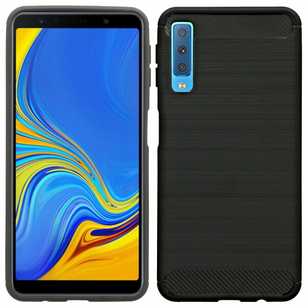 Samsung Galaxy A7 2018 (A750F) // Silikon Hülle Tasche Case Zubehör Gummi Bumper Schale Schutzhülle in Carbon-Schwarz @cofi1453®