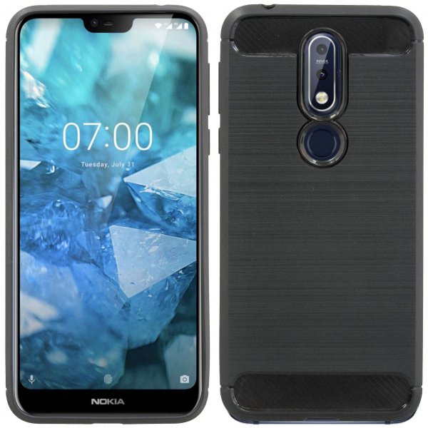 Nokia 7.1 (2018) // Silikon Hülle Tasche Case Zubehör Gummi Bumper Schale Schutzhülle in Carbon-Schwarz @cofi1453®