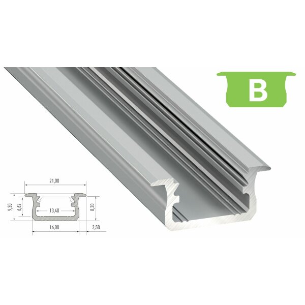 LED Aluminium Profil PD-B 1 Meter Aluprofil Leiste 16 x 9mm Silber eloxiert für 12mm LED Streifen inkl. Endkappen