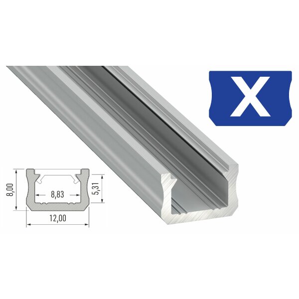 LED Aluminium Profil PD-X 1 Meter Aluprofil Leiste 12 x 8mm Silber eloxiert für 8mm LED Streifen inkl. Endkappen