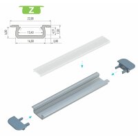 LED Aluminium Profil PD-Z 1 Meter Aluprofil Leiste 16 x 7mm Silber eloxiert für 12mm LED Streifen inkl. Endkappen