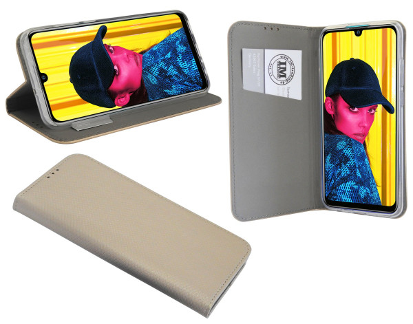 Elegante Buch-Tasche Hülle Smart Magnet kompatibel für Das Huawei P Smart ( 2019 ) Leder Optik Wallet Book-Style Cover Schale in Gold @cofi1453®