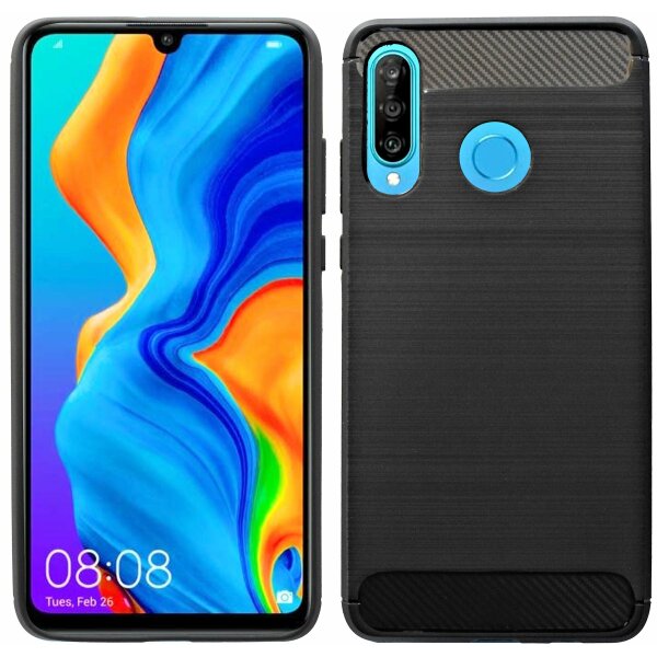 cofi1453® Silikon Hülle Carbon kompatibel mit HUAWEI P30 LITE Case TPU Soft Handyhülle Cover Schutzhülle Schwarz