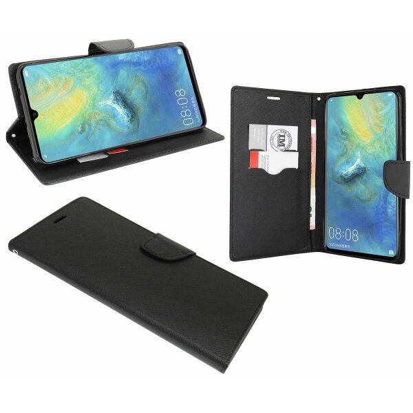 cofi1453® Buch Tasche "Fancy" kompatibel mit HUAWEI MATE 20X Handy Hülle Etui Brieftasche Schutzhülle mit Standfunktion, Kartenfach Schwarz