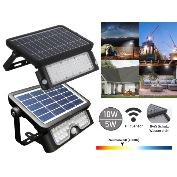 LED Solar Flutlicht Außenstrahler mit Bewegungssensor IP65 10W 5W