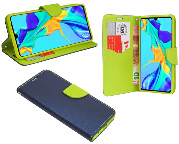 cofi1453® Buch Tasche "Fancy" kompatibel mit HUAWEI P30 Handy Hülle Etui Brieftasche Schutzhülle mit Standfunktion, Kartenfach Blau-Grün (2-Farbig)