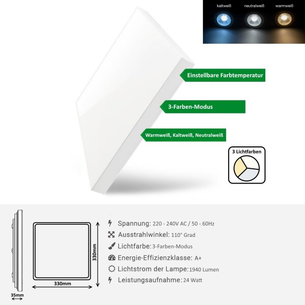 24W LED Deckenleuchte JADE Slim Lichtfarbe Einstellbar Farbwechsel 1940 lm Deckenlampe Beleuchtung 33x33cm Eckig Weiß  für Wohnzimmer, Schlafzimmer, Küche, usw.