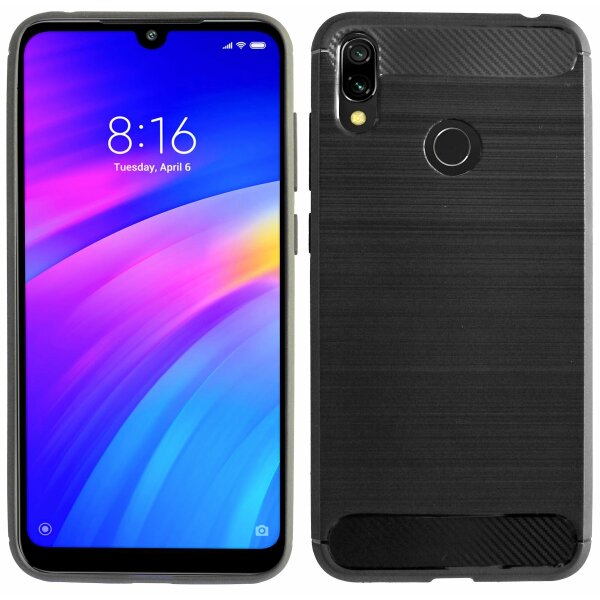 cofi1453® Silikon Hülle Carbon kompatibel mit XIAOMI REDMI 7 Case TPU Soft Handyhülle Cover Schutzhülle Schwarz