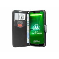 cofi1453® Buch Tasche "Fancy" kompatibel mit MOTOROLA MOTO G7 PLAY Handy Hülle Etui Brieftasche Schutzhülle mit Standfunktion, Kartenfach Schwarz