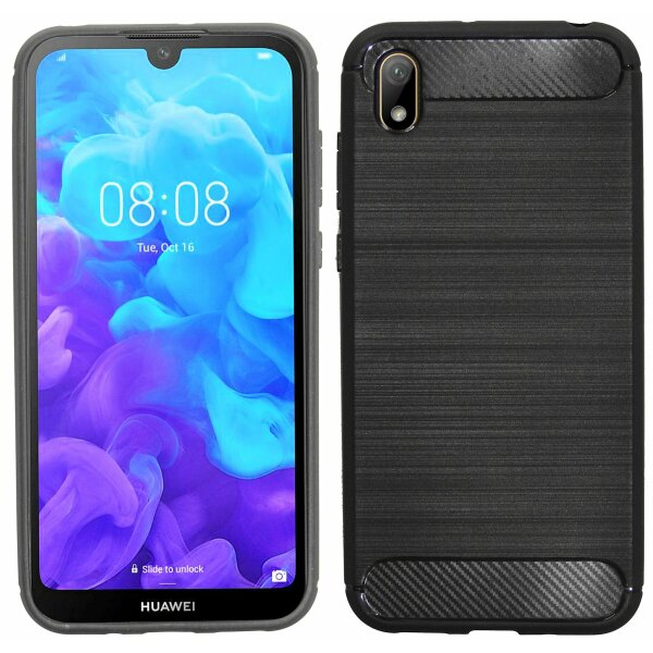 cofi1453® Silikon Hülle Carbon kompatibel mit HUAWEI Y5 2019 Case TPU Soft Handyhülle Cover Schutzhülle Schwarz