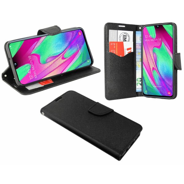 cofi1453® Buch Tasche "Fancy" kompatibel mit SAMSUNG GALAXY A40 (A405F) Handy Hülle Etui Brieftasche Schutzhülle mit Standfunktion, Kartenfach Schwarz