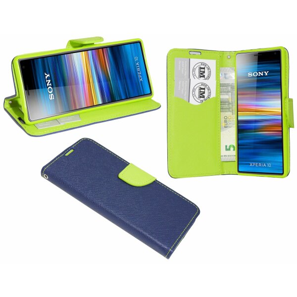 cofi1453® Buch Tasche "Fancy" kompatibel mit SONY XPERIA 10 Handy Hülle Etui Brieftasche Schutzhülle mit Standfunktion, Kartenfach Blau-Grün