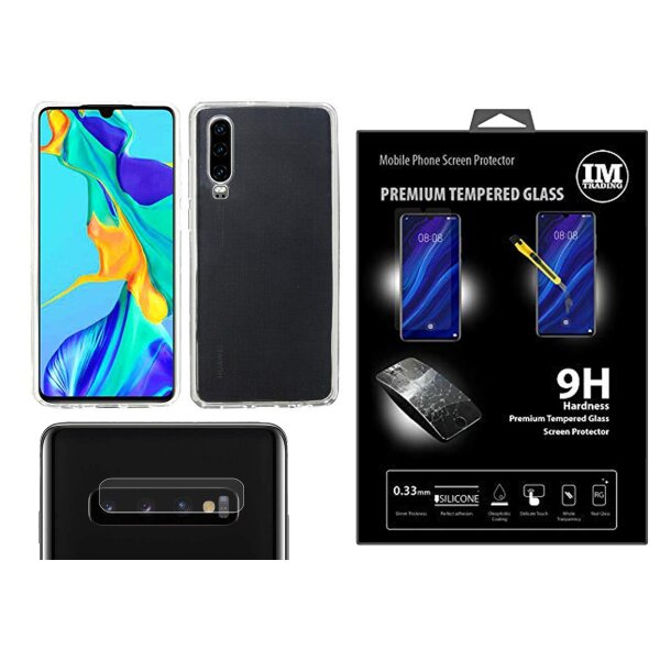 3in1 Set Silikon Hülle Bumper + 9H Schutzglas + 2x 9H Kamera Glas Case Cover Echt Glas kompatibel mit HUAWEI P30 in Transparent