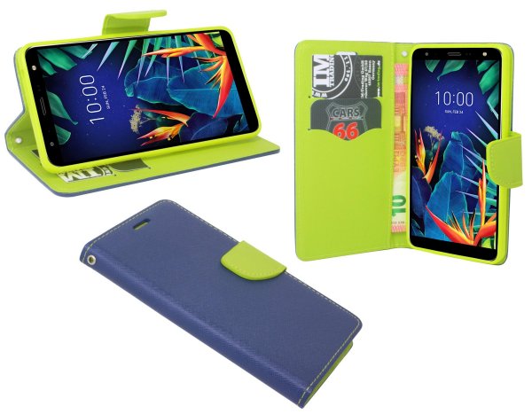 cofi1453® Buch Tasche "Fancy" kompatibel mit LG K40 Handy Hülle Etui Brieftasche Schutzhülle mit Standfunktion, Kartenfach Blau-Grün