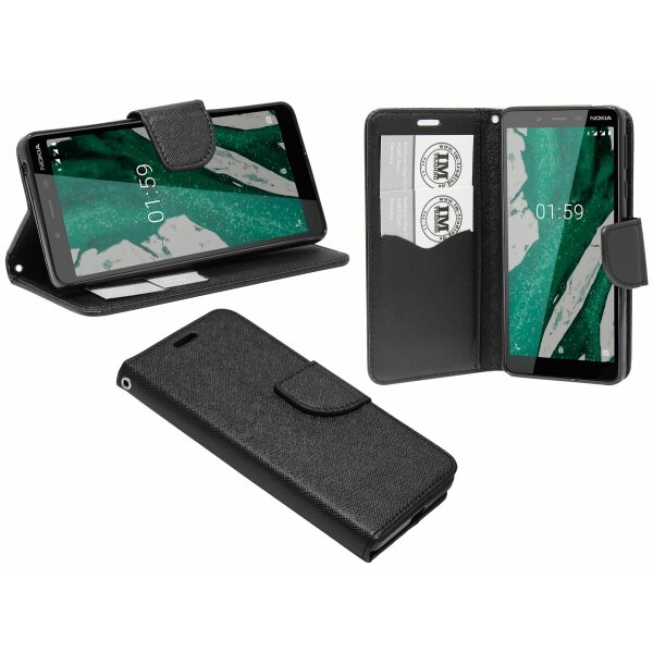 cofi1453® Buch Tasche "Fancy" kompatibel mit NOKIA 1 PLUS Handy Hülle Etui Brieftasche Schutzhülle mit Standfunktion, Kartenfach Schwarz