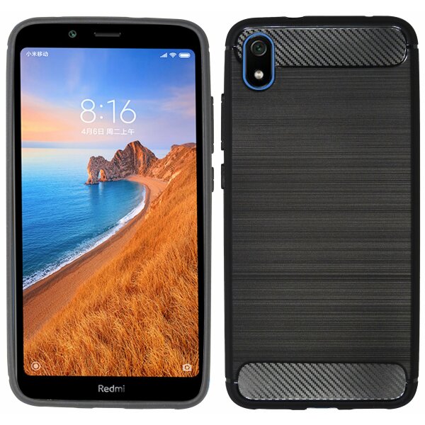 cofi1453® Silikon Hülle Carbon kompatibel mit XIAOMI REDMI 7A Case TPU Soft Handyhülle Cover Schutzhülle Schwarz