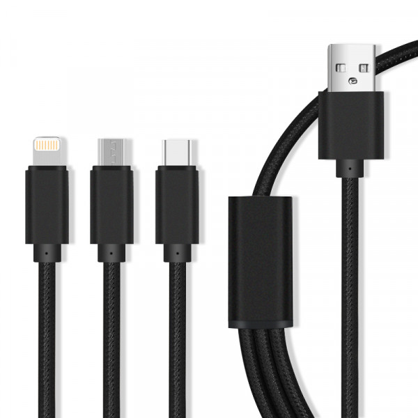 maXlife 3in1 Nylon Ladegerät Kabel 2.1A Micro USB / TYP-C / iPhone Anschluss Fast Charge Schnell Ladekabel kompatibel mit Smartphone Tablet schwarz
