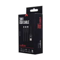 maXlife 3in1 Nylon Ladegerät Kabel 2.1A Micro USB / TYP-C / iPhone Anschluss Fast Charge Schnell Ladekabel kompatibel mit Smartphone Tablet schwarz