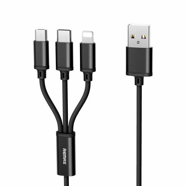 Remax 3in1 Nylon Ladegerät Kabel 2.8A Micro USB TYP-C iOS Anschluss Fast Charge Schnell Ladekabel kompatibel mit Smartphone Tablet schwarz