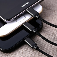 Remax 3in1 Nylon Ladegerät Kabel 2.8A Micro USB TYP-C iOS Anschluss Fast Charge Schnell Ladekabel kompatibel mit Smartphone Tablet schwarz
