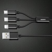 Remax 3in1 Nylon Ladegerät Kabel 2.8A Micro USB TYP-C iOS Anschluss Fast Charge Schnell Ladekabel kompatibel mit Smartphone Tablet schwarz