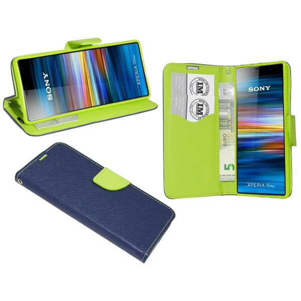 cofi1453® Buch Tasche "Fancy" kompatibel mit SONY XPERIA 10 PLUS Handy Hülle Etui Brieftasche Schutzhülle mit Standfunktion, Kartenfach Blau-Grün