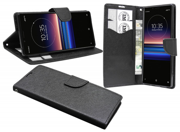cofi1453® Buch Tasche Fancy kompatibel mit Sony Xperia 1 Handy Hülle Etui Brieftasche Schutzhülle mit Standfunktion, Kartenfach Schwarz
