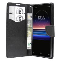 cofi1453® Buch Tasche Fancy kompatibel mit Sony Xperia 1 Handy Hülle Etui Brieftasche Schutzhülle mit Standfunktion, Kartenfach Schwarz