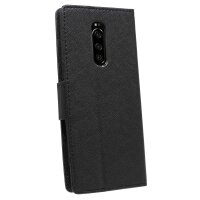 cofi1453® Buch Tasche Fancy kompatibel mit Sony Xperia 1 Handy Hülle Etui Brieftasche Schutzhülle mit Standfunktion, Kartenfach Schwarz